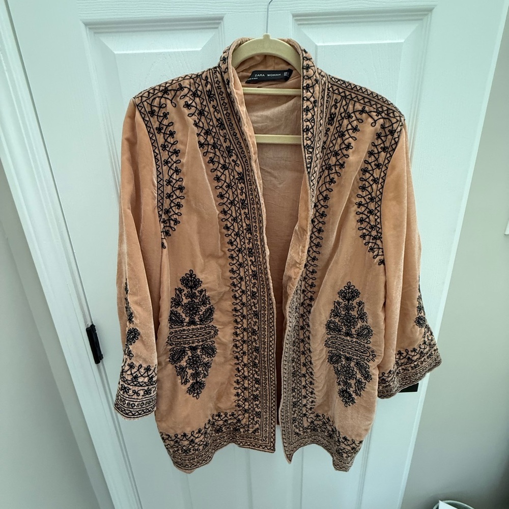 Zara Peach Velvet Jacket with Black Embroidery